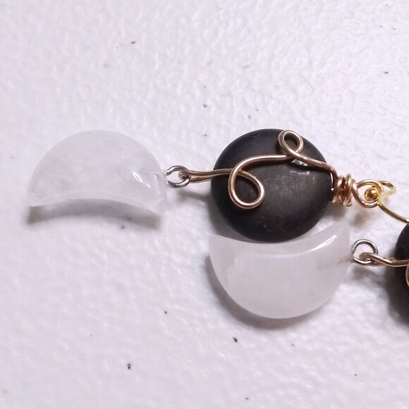 OOAK Black Jasper Coin & Quartz Moon Earrings | Wire Wrapped | Moon Goddess - Picture 8 of 10